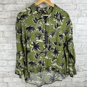 New TAHARI 100% Linen European Flax Shirt Top Green Tropical Floral Print Size M